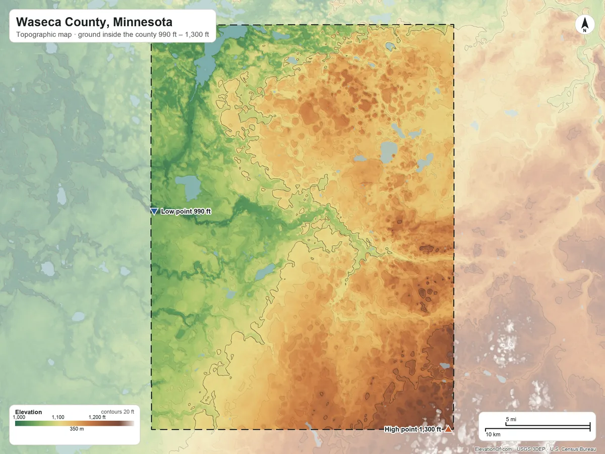 Topographic elevation map of Waseca County, Minnesota, shaded from 990 ft on the west side to 1,300 ft on the southeast side