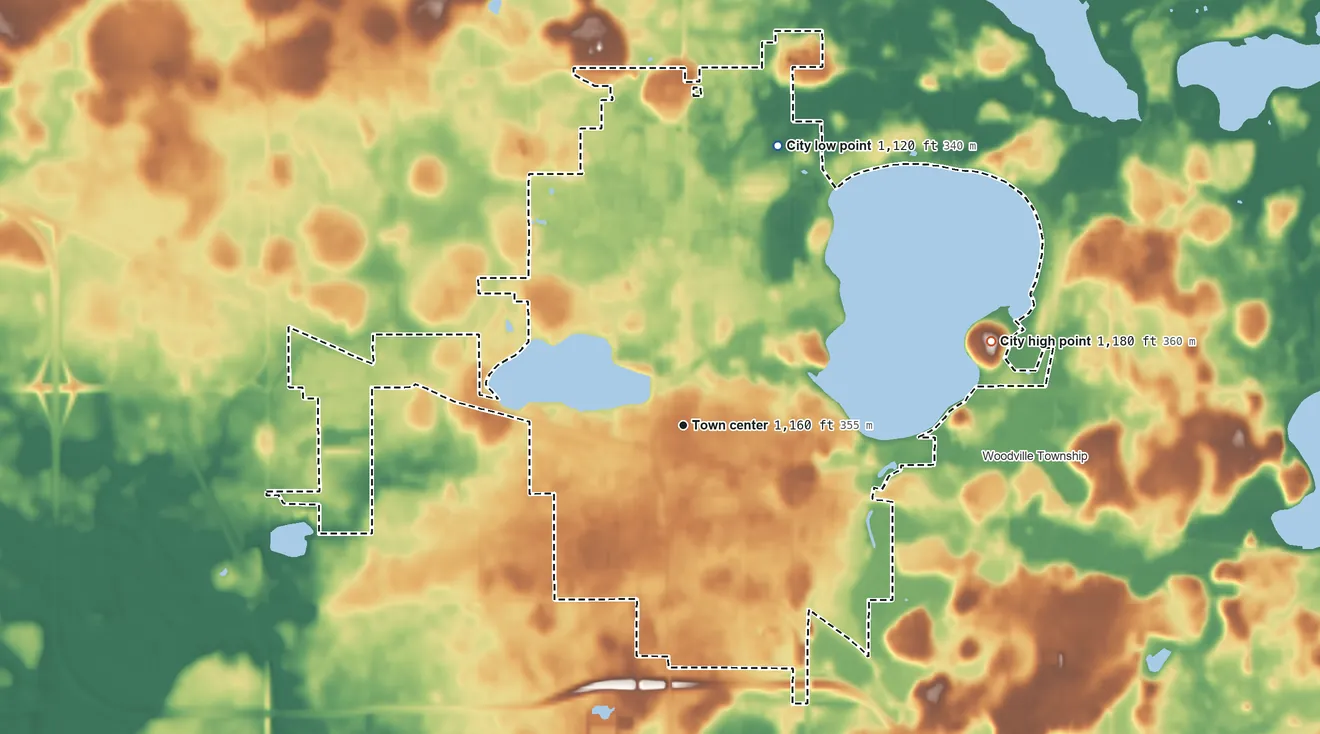 Topographic elevation map of Waseca, Minnesota, shaded from 1,120 ft on the north side to 1,180 ft on the east side