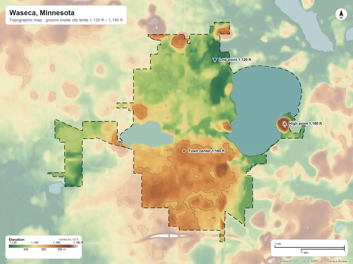 Topographic elevation map of Waseca, Minnesota, shaded from 1,120 ft on the north side to 1,180 ft on the east side