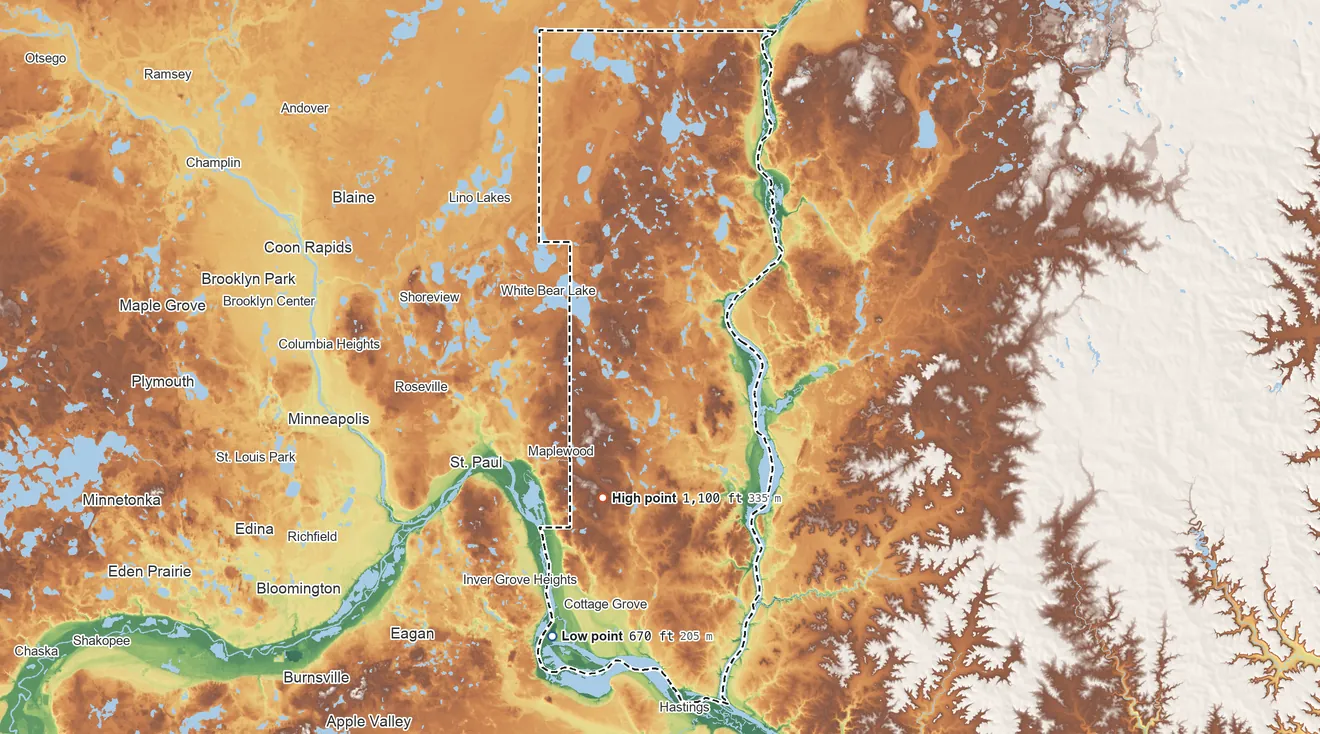 Topographic elevation map of Washington County, Minnesota, shaded from 670 ft on the south side to 1,100 ft on the southwest side