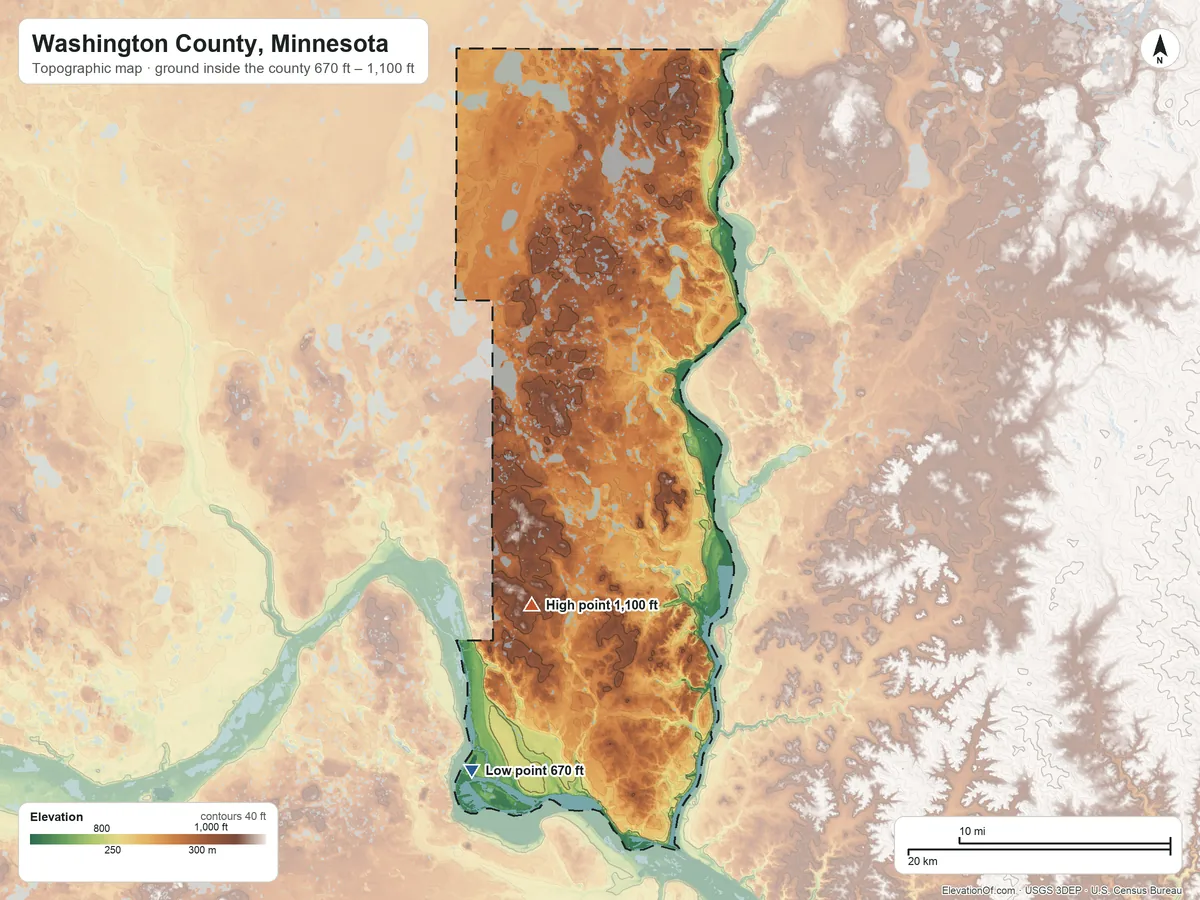 Topographic elevation map of Washington County, Minnesota, shaded from 670 ft on the south side to 1,100 ft on the southwest side