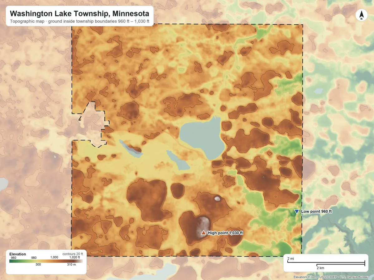 Topographic elevation map of Washington Lake Township, Minnesota, shaded from 960 ft on the southeast side to 1,030 ft on the south side