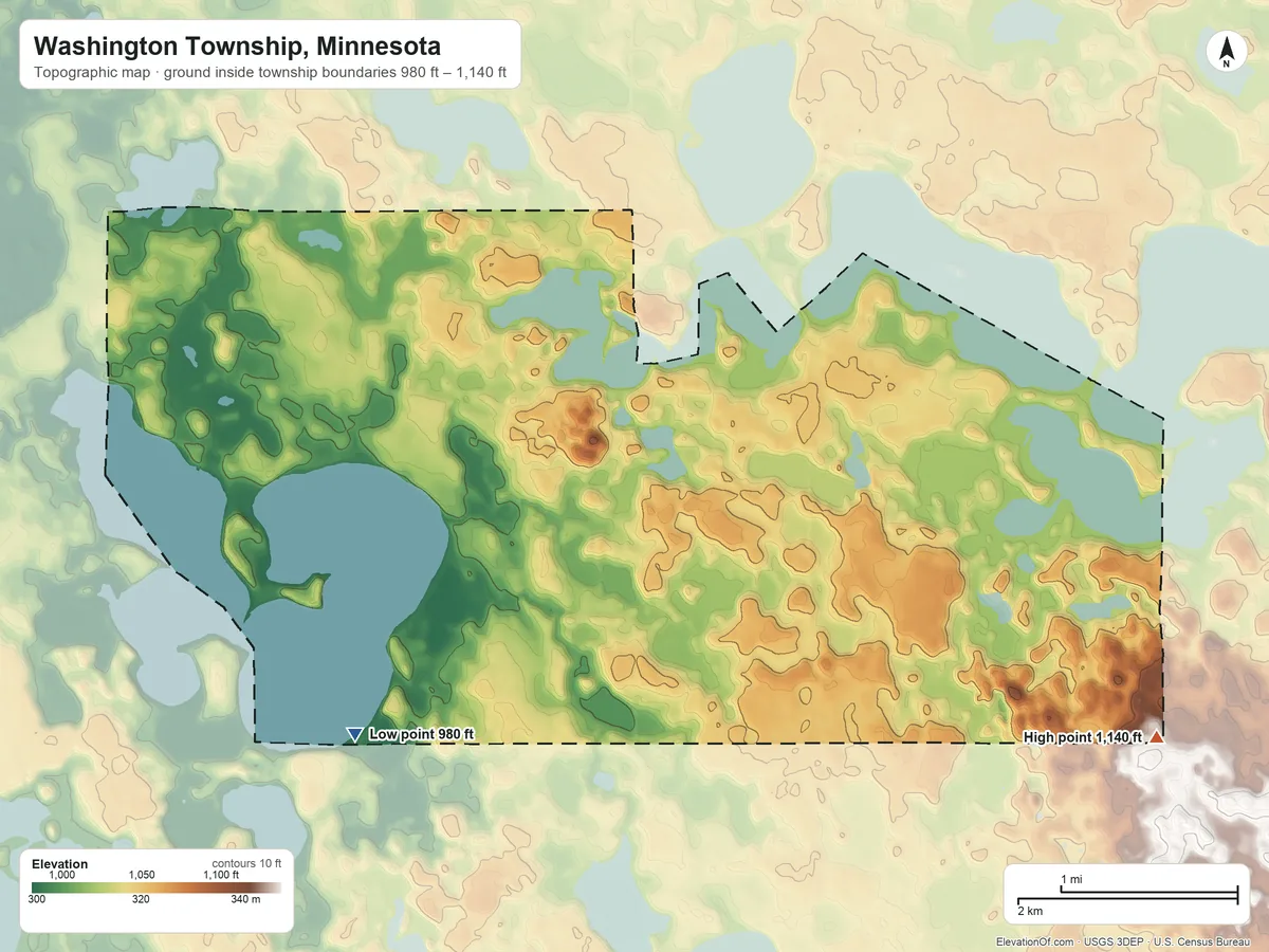 Topographic elevation map of Washington Township, Minnesota, shaded from 980 ft on the south side to 1,140 ft on the east side