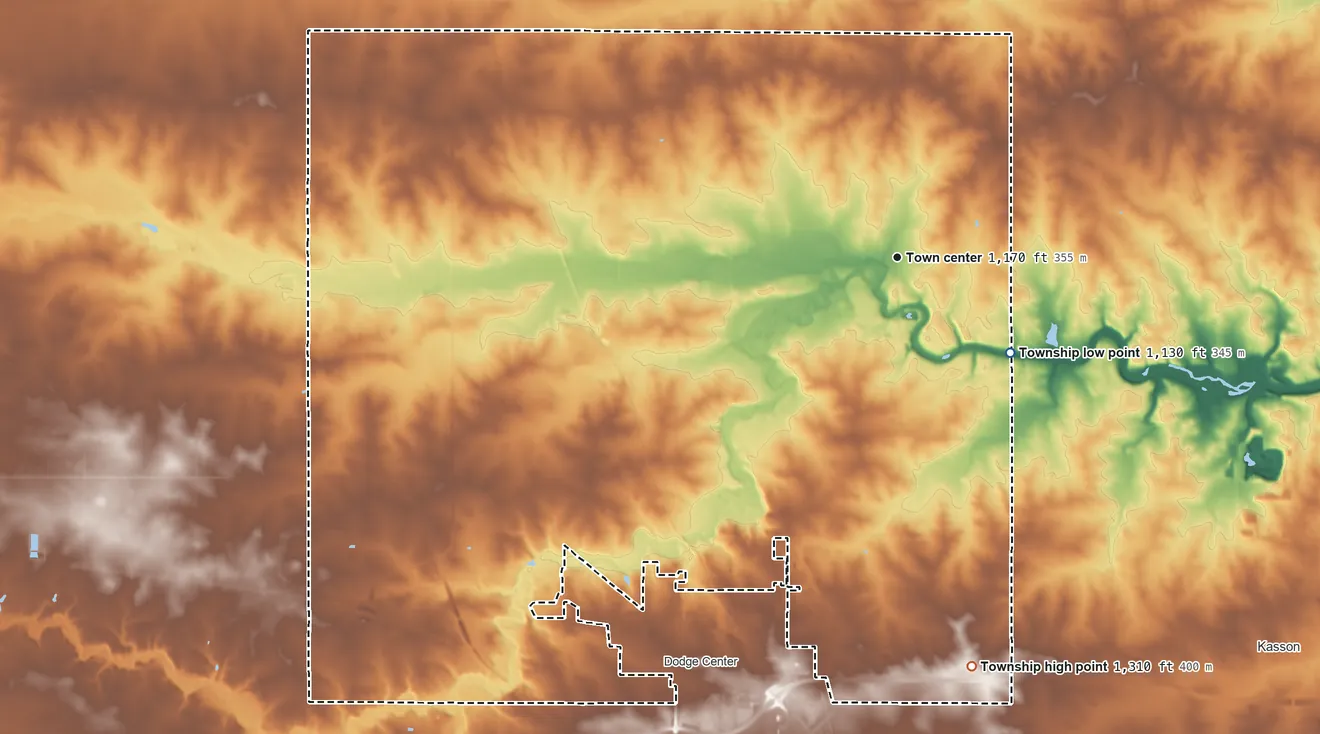 Topographic elevation map of Wasioja Township, Minnesota, shaded from 1,130 ft on the southeast side to 1,310 ft on the south side