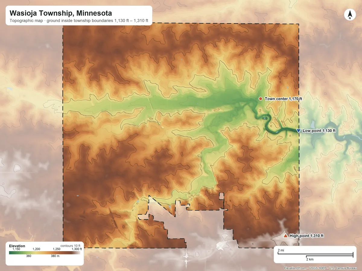 Topographic elevation map of Wasioja Township, Minnesota, shaded from 1,130 ft on the southeast side to 1,310 ft on the south side