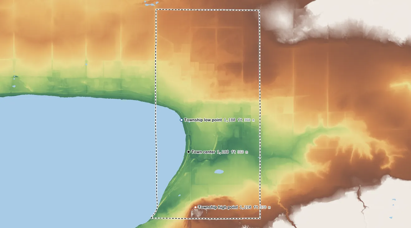 Topographic elevation map of Waskish Township, Minnesota, shaded from 1,180 ft on the north side to 1,210 ft on the south side