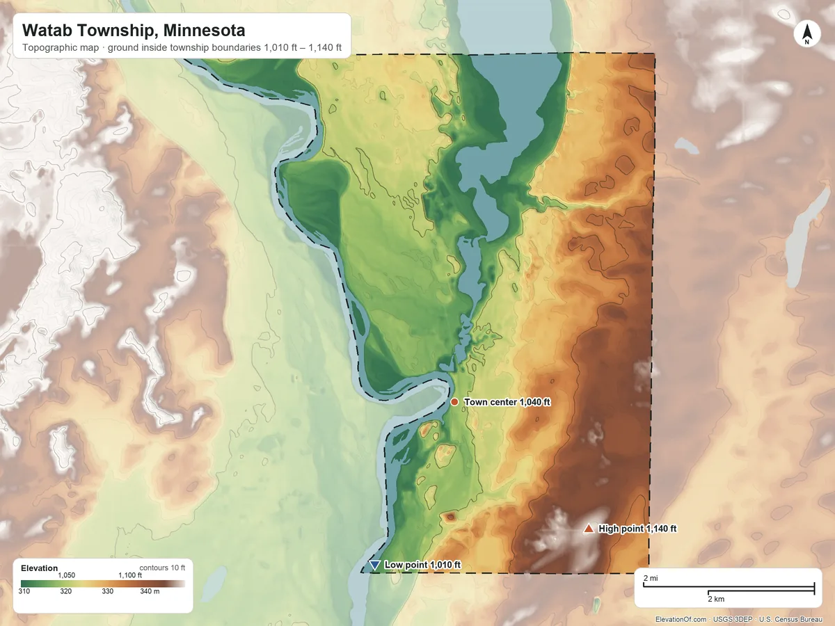 Topographic elevation map of Watab Township, Minnesota, shaded from 1,010 ft on the southwest side to 1,140 ft on the southeast side