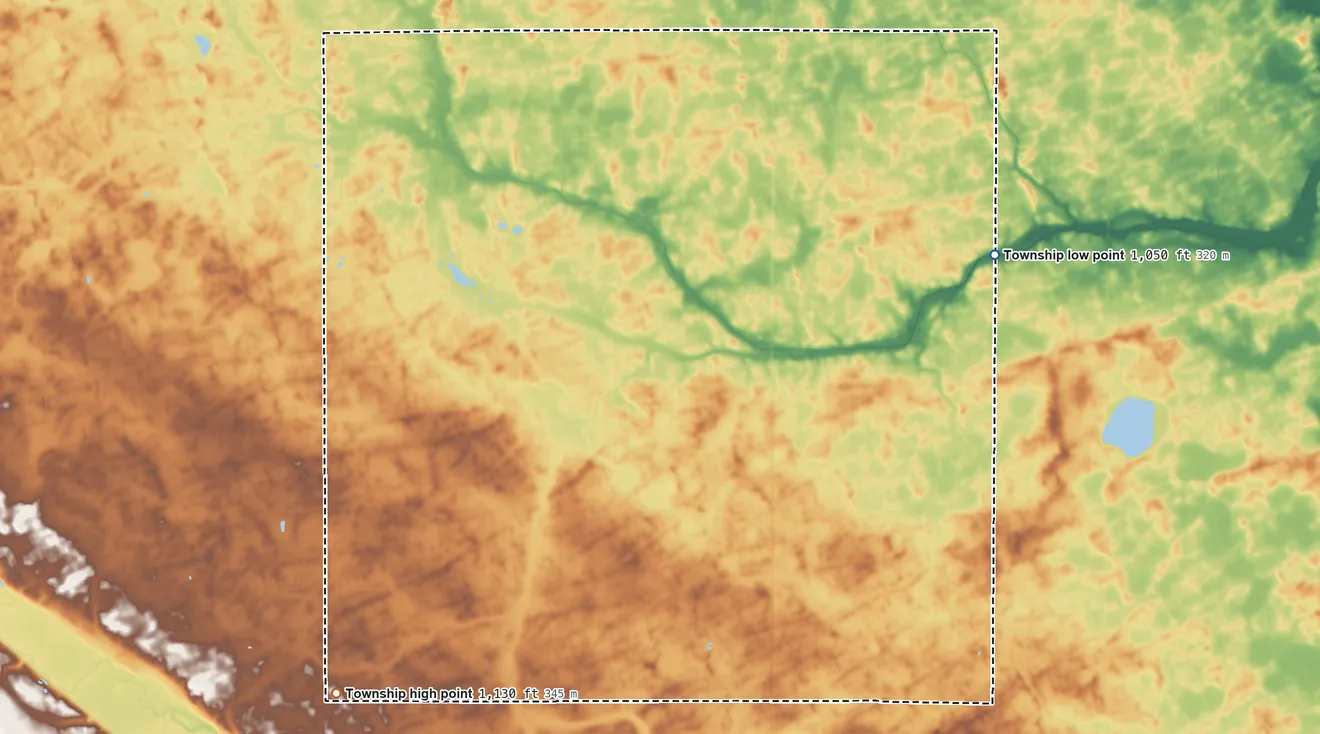 Topographic elevation map of Waterbury Township, Minnesota, shaded from 1,050 ft on the east side to 1,130 ft on the southwest side