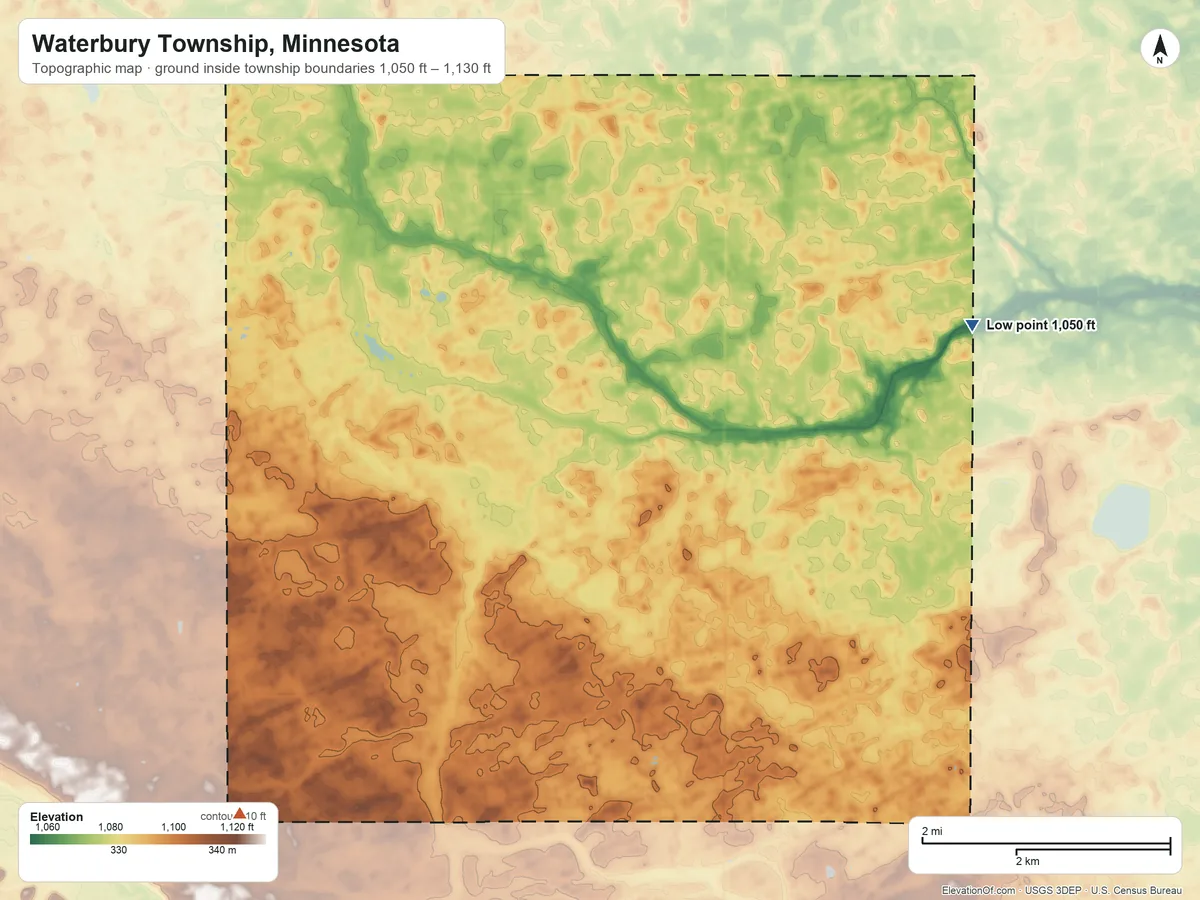 Topographic elevation map of Waterbury Township, Minnesota, shaded from 1,050 ft on the east side to 1,130 ft on the southwest side