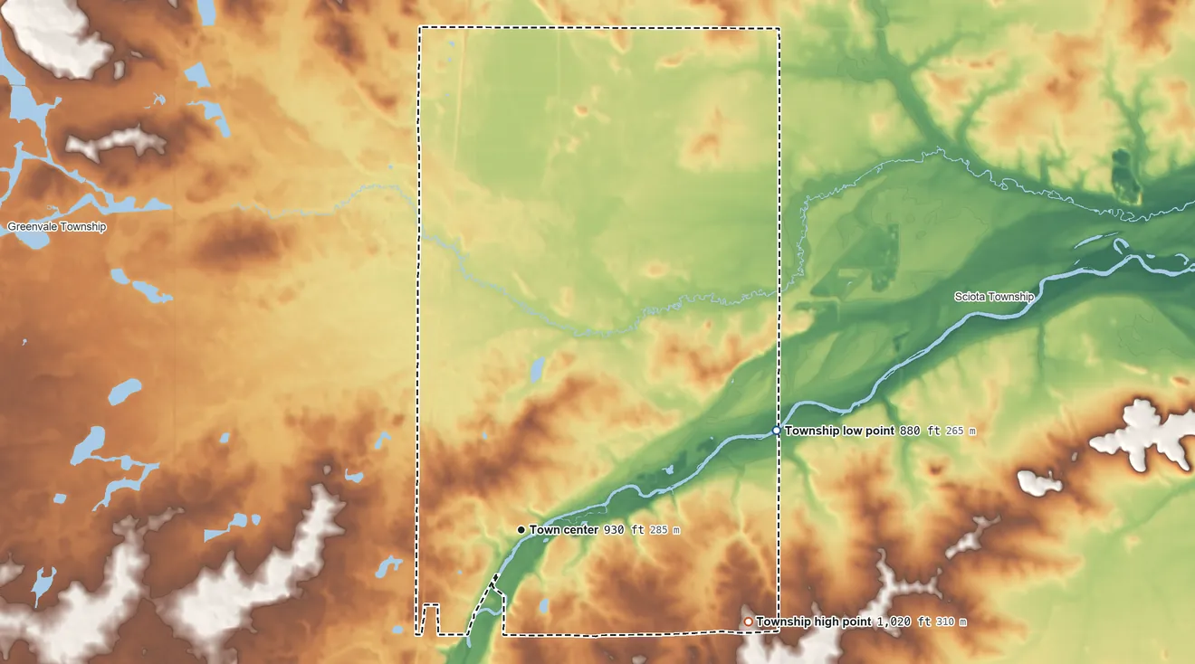 Topographic elevation map of Waterford Township, Minnesota, shaded from 880 ft on the east side to 1,020 ft on the east side
