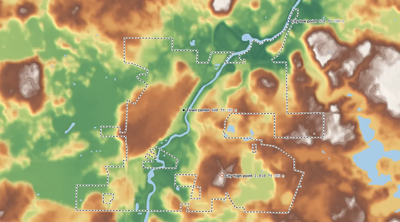 Topographic elevation map of Watertown, Minnesota, shaded from 920 ft on the northeast side to 1,010 ft on the southeast side