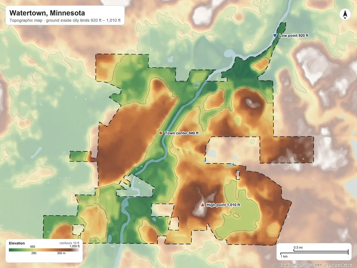 Topographic elevation map of Watertown, Minnesota, shaded from 920 ft on the northeast side to 1,010 ft on the southeast side