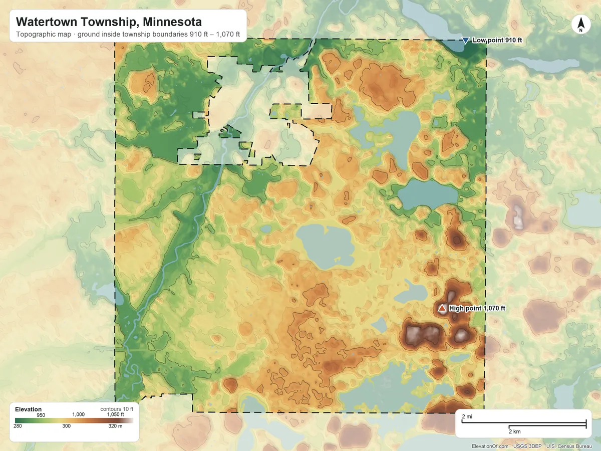 Topographic elevation map of Watertown Township, Minnesota, shaded from 910 ft on the northeast side to 1,070 ft on the southeast side