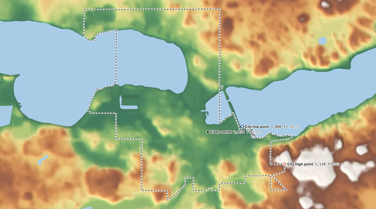 Topographic elevation map of Waterville, Minnesota, shaded from 1,000 ft on the east side to 1,110 ft on the southeast side