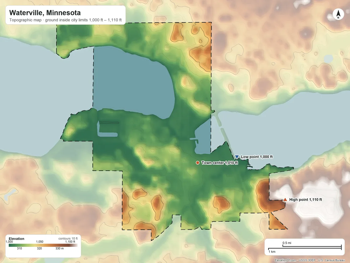 Topographic elevation map of Waterville, Minnesota, shaded from 1,000 ft on the east side to 1,110 ft on the southeast side