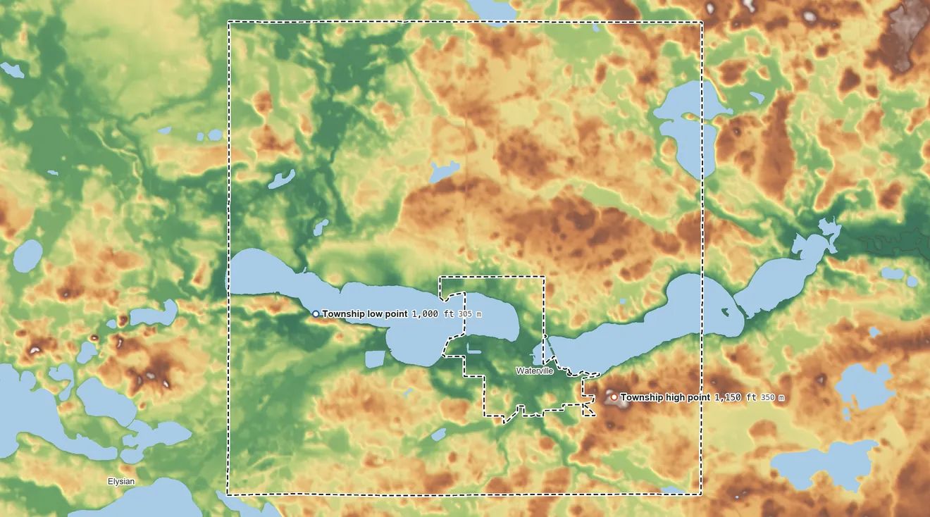 Topographic elevation map of Waterville Township, Minnesota, shaded from 1,000 ft on the northwest side to 1,150 ft on the east side