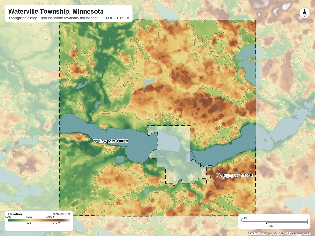 Topographic elevation map of Waterville Township, Minnesota, shaded from 1,000 ft on the northwest side to 1,150 ft on the east side