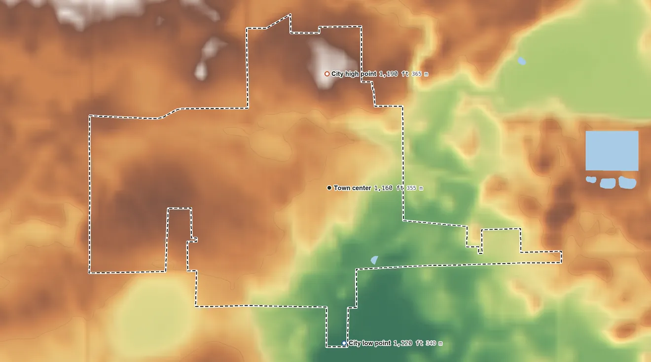 Topographic elevation map of Watkins, Minnesota, shaded from 1,120 ft on the south side to 1,190 ft on the north side