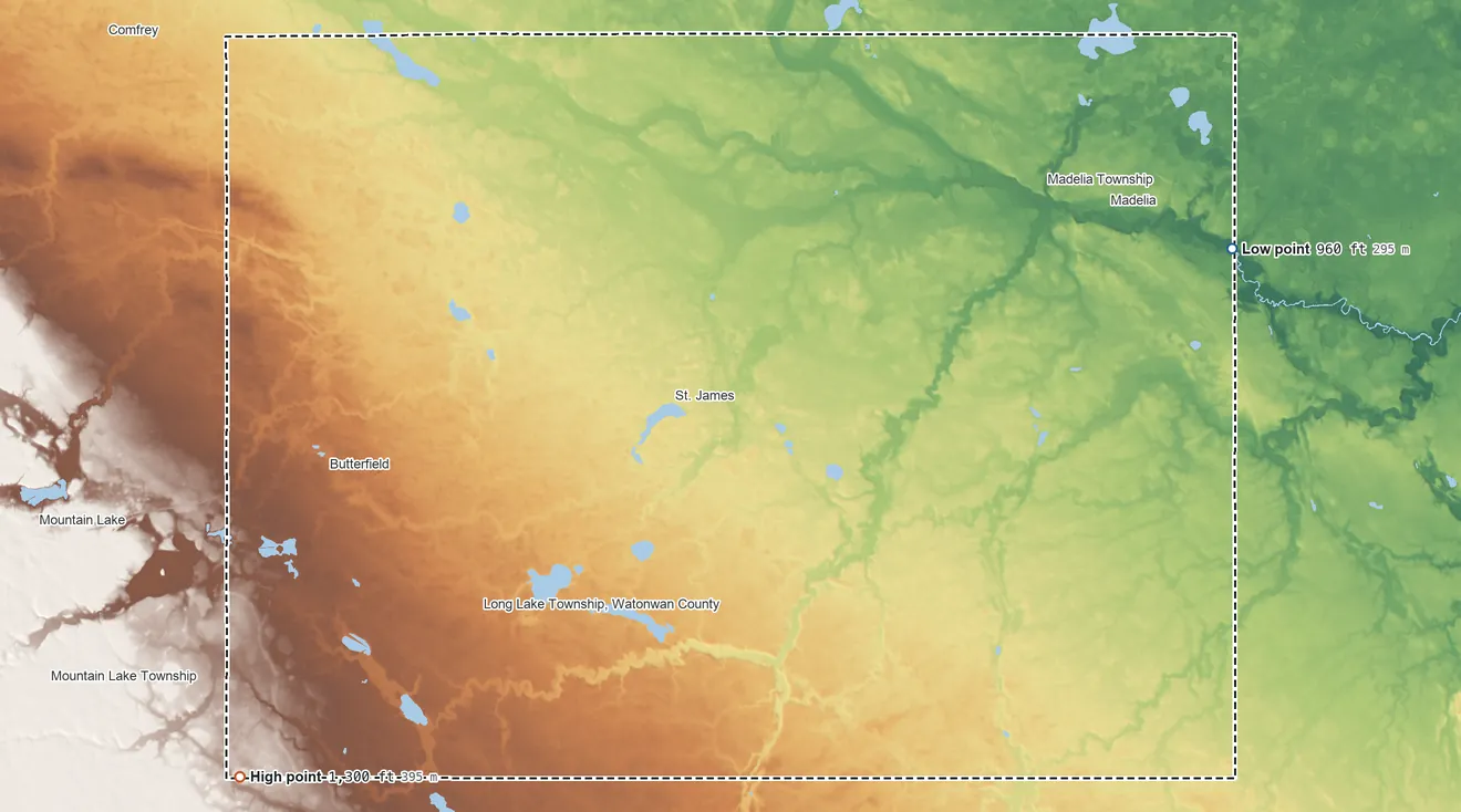 Topographic elevation map of Watonwan County, Minnesota, shaded from 960 ft on the east side to 1,300 ft on the southwest side