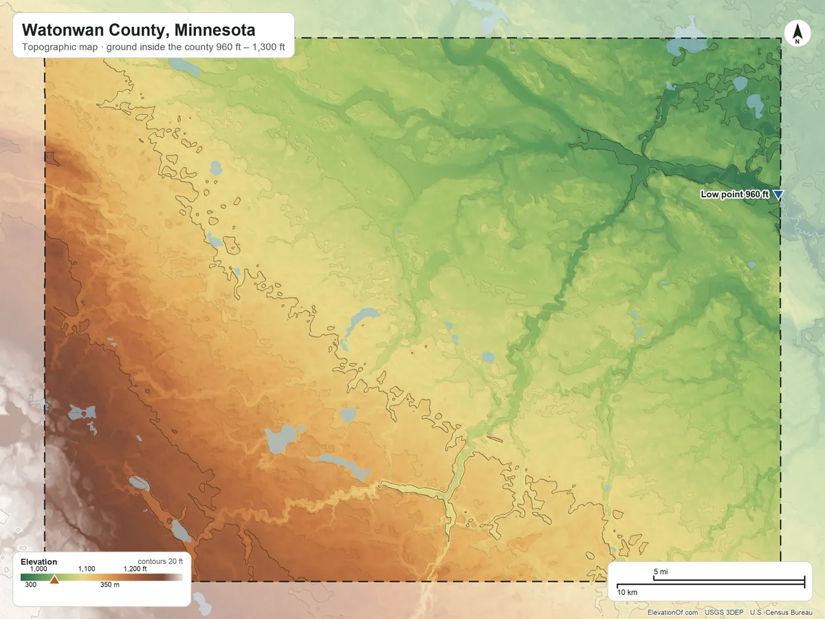 Topographic elevation map of Watonwan County, Minnesota, shaded from 960 ft on the east side to 1,300 ft on the southwest side