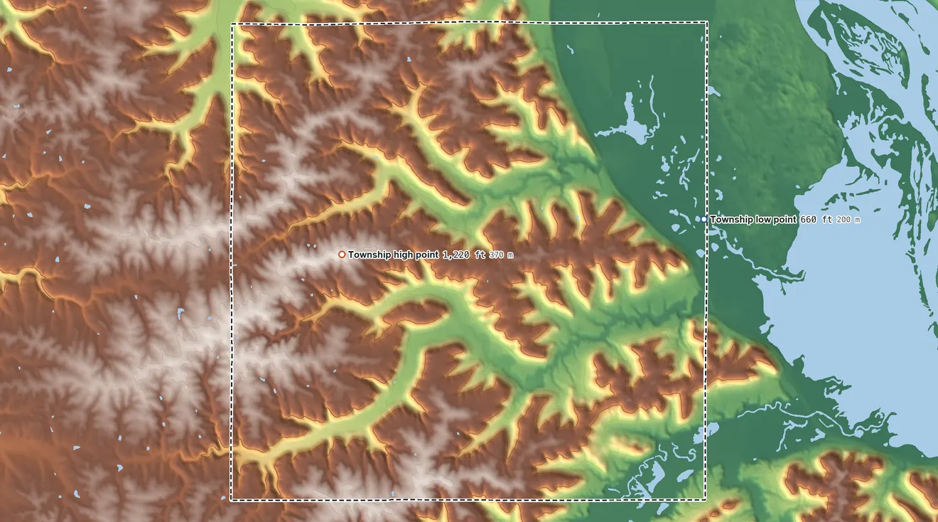 Topographic elevation map of Watopa Township, Minnesota, shaded from 660 ft on the northeast side to 1,220 ft on the northwest side