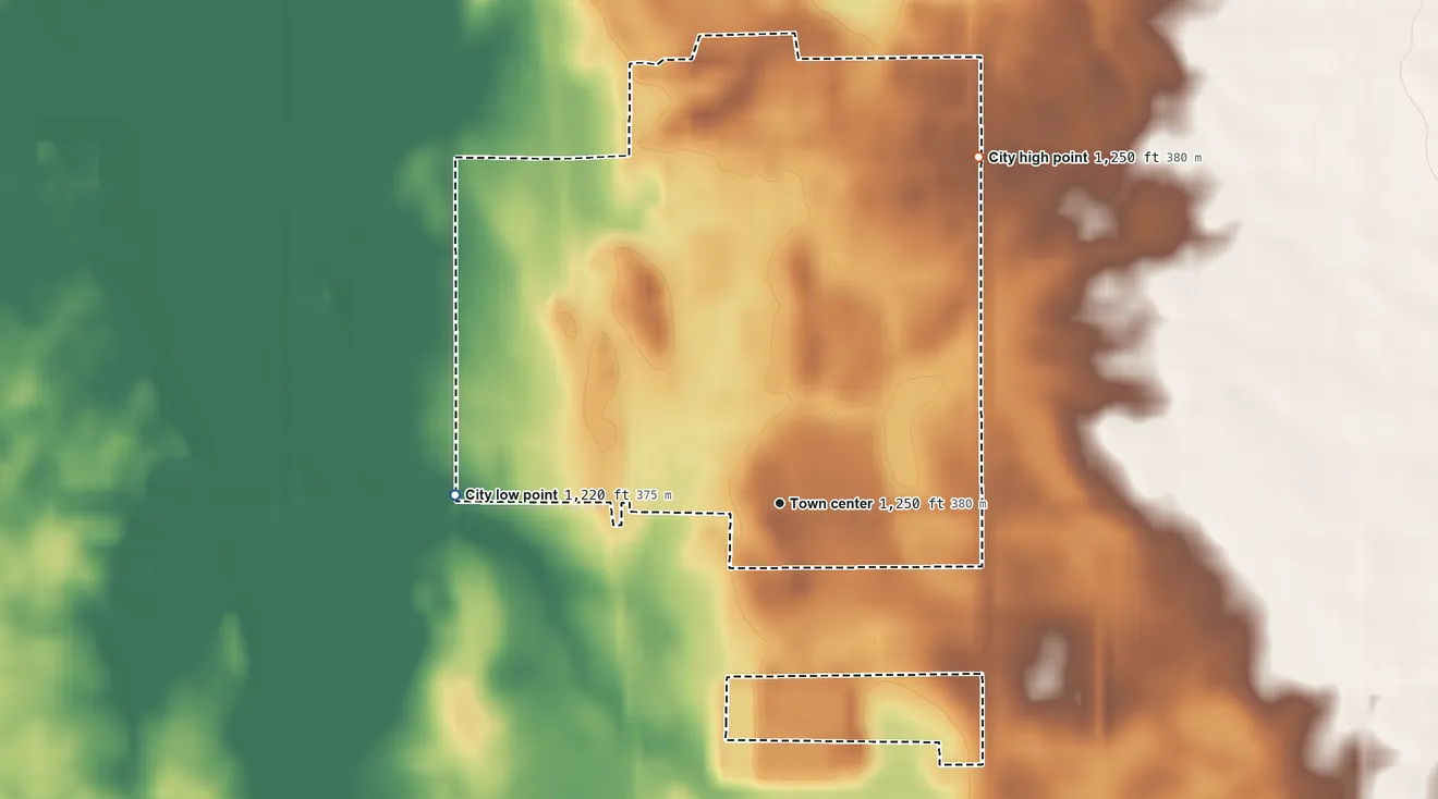 Topographic elevation map of Waubun, Minnesota, shaded from 1,220 ft on the west side to 1,250 ft on the northeast side
