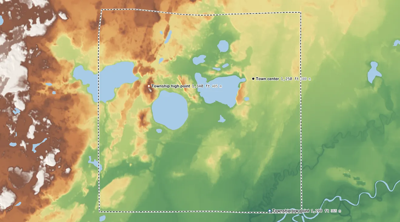 Topographic elevation map of Waukenabo Township, Minnesota, shaded from 1,200 ft on the south side to 1,340 ft on the west side