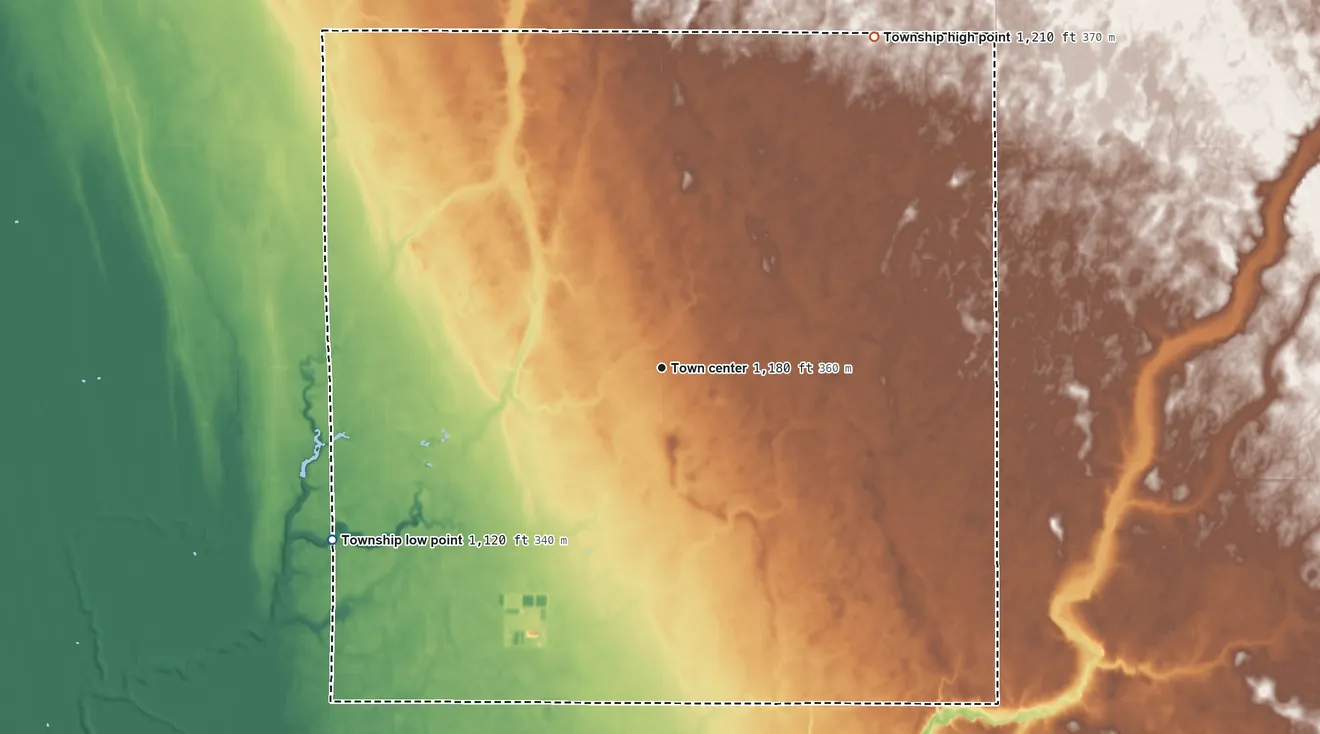Topographic elevation map of Waukon Township, Minnesota, shaded from 1,120 ft on the southwest side to 1,210 ft on the northeast side