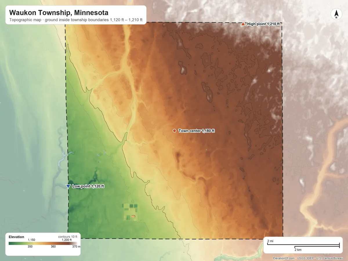 Topographic elevation map of Waukon Township, Minnesota, shaded from 1,120 ft on the southwest side to 1,210 ft on the northeast side