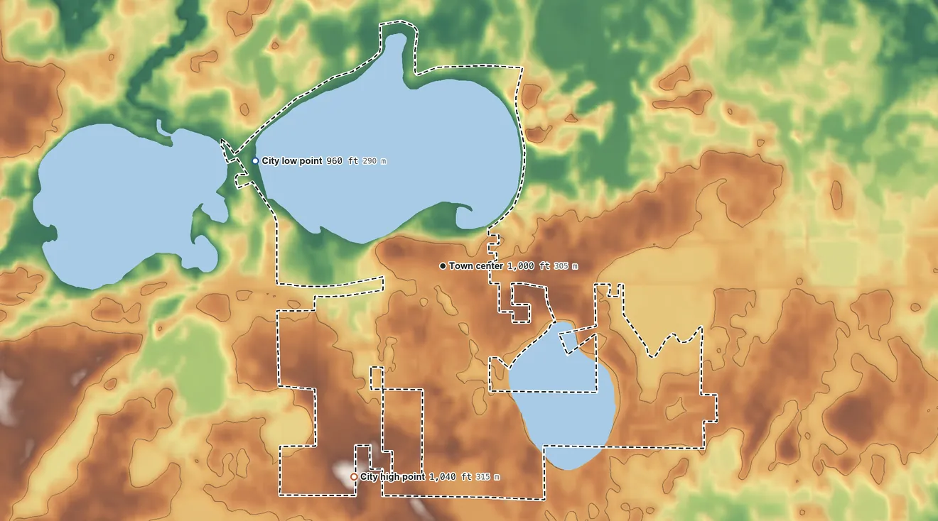 Topographic elevation map of Waverly, Minnesota, shaded from 960 ft on the northwest side to 1,040 ft on the southwest side