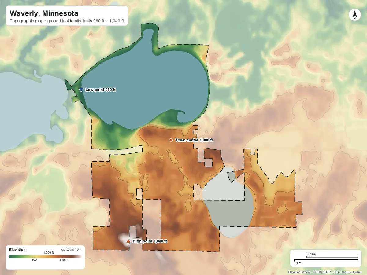 Topographic elevation map of Waverly, Minnesota, shaded from 960 ft on the northwest side to 1,040 ft on the southwest side