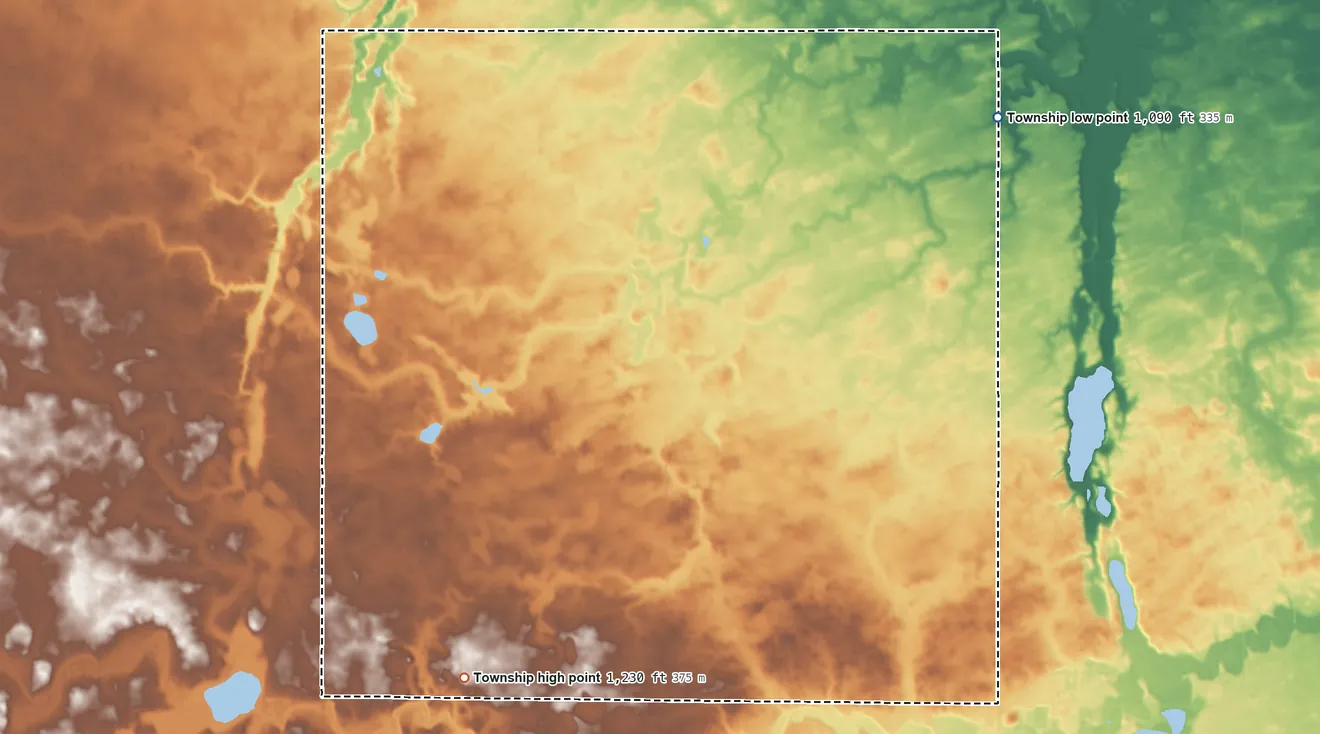 Topographic elevation map of Waverly Township, Minnesota, shaded from 1,090 ft on the northeast side to 1,230 ft on the southwest side