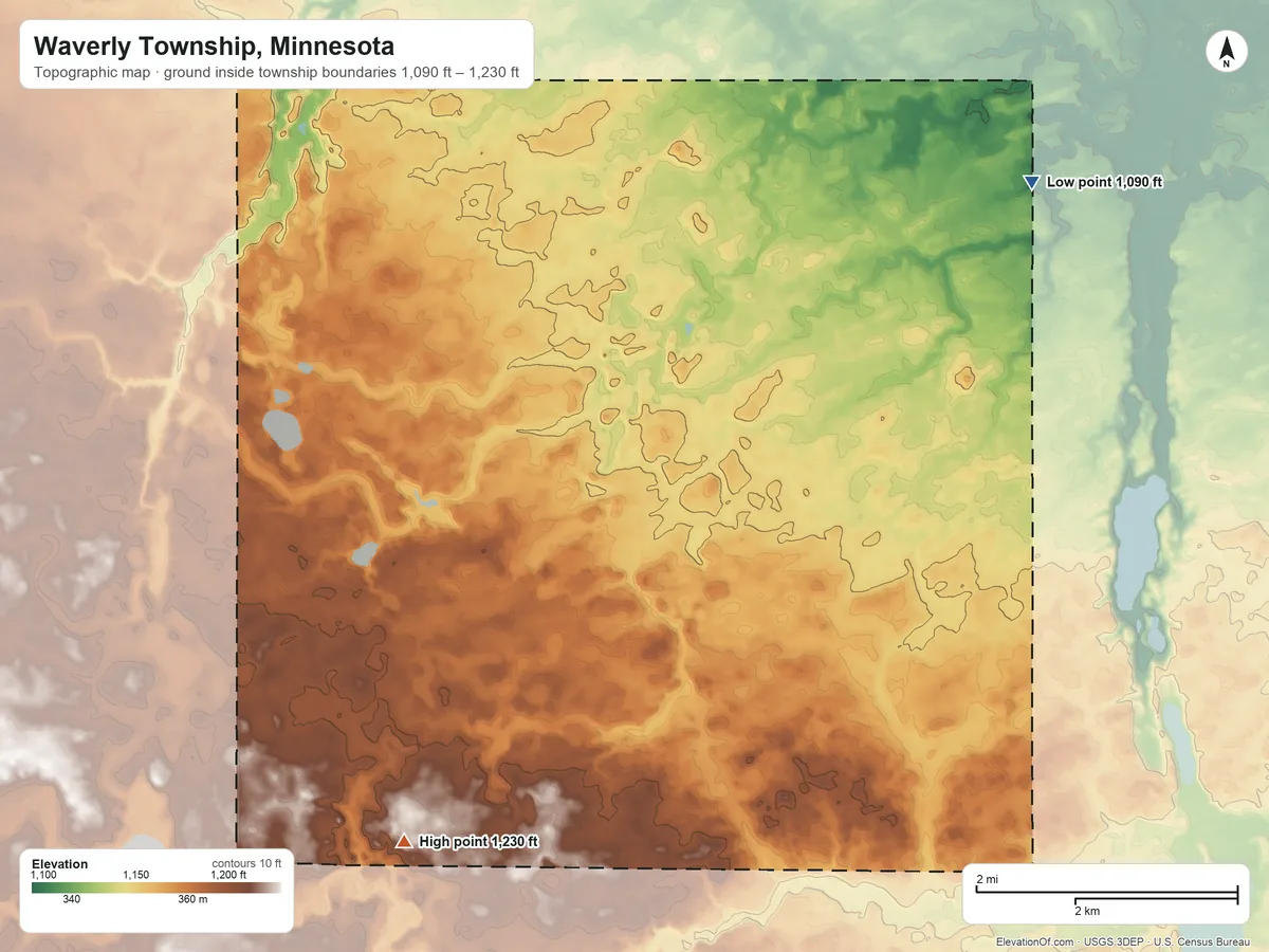 Topographic elevation map of Waverly Township, Minnesota, shaded from 1,090 ft on the northeast side to 1,230 ft on the southwest side
