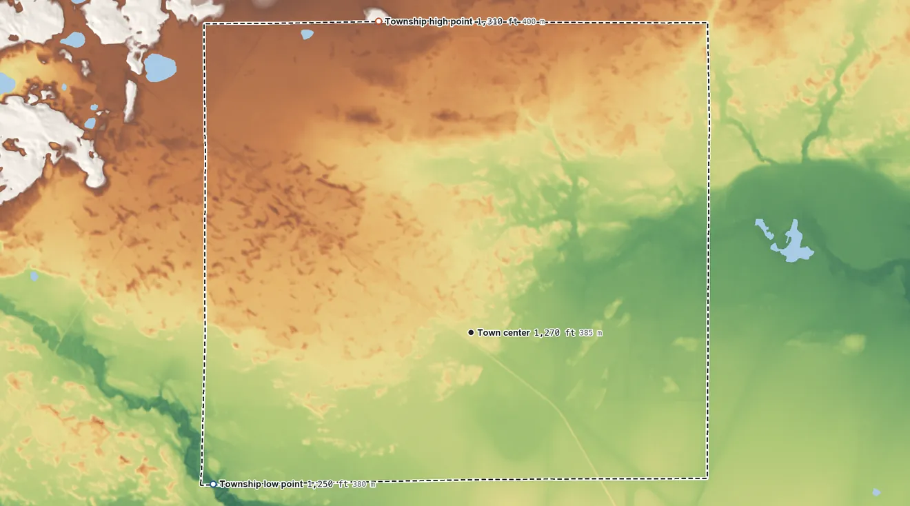 Topographic elevation map of Wawina Township, Minnesota, shaded from 1,250 ft on the southwest side to 1,310 ft on the north side