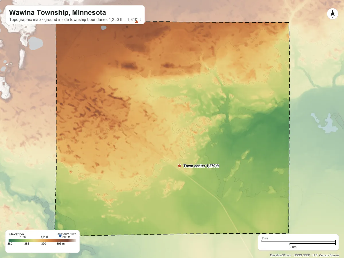 Topographic elevation map of Wawina Township, Minnesota, shaded from 1,250 ft on the southwest side to 1,310 ft on the north side