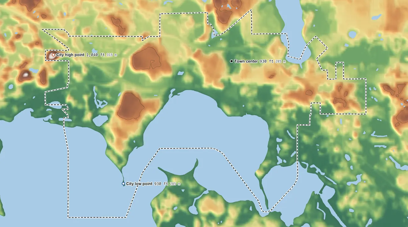 Topographic elevation map of Wayzata, Minnesota, shaded from 930 ft on the southwest side to 1,040 ft on the west side