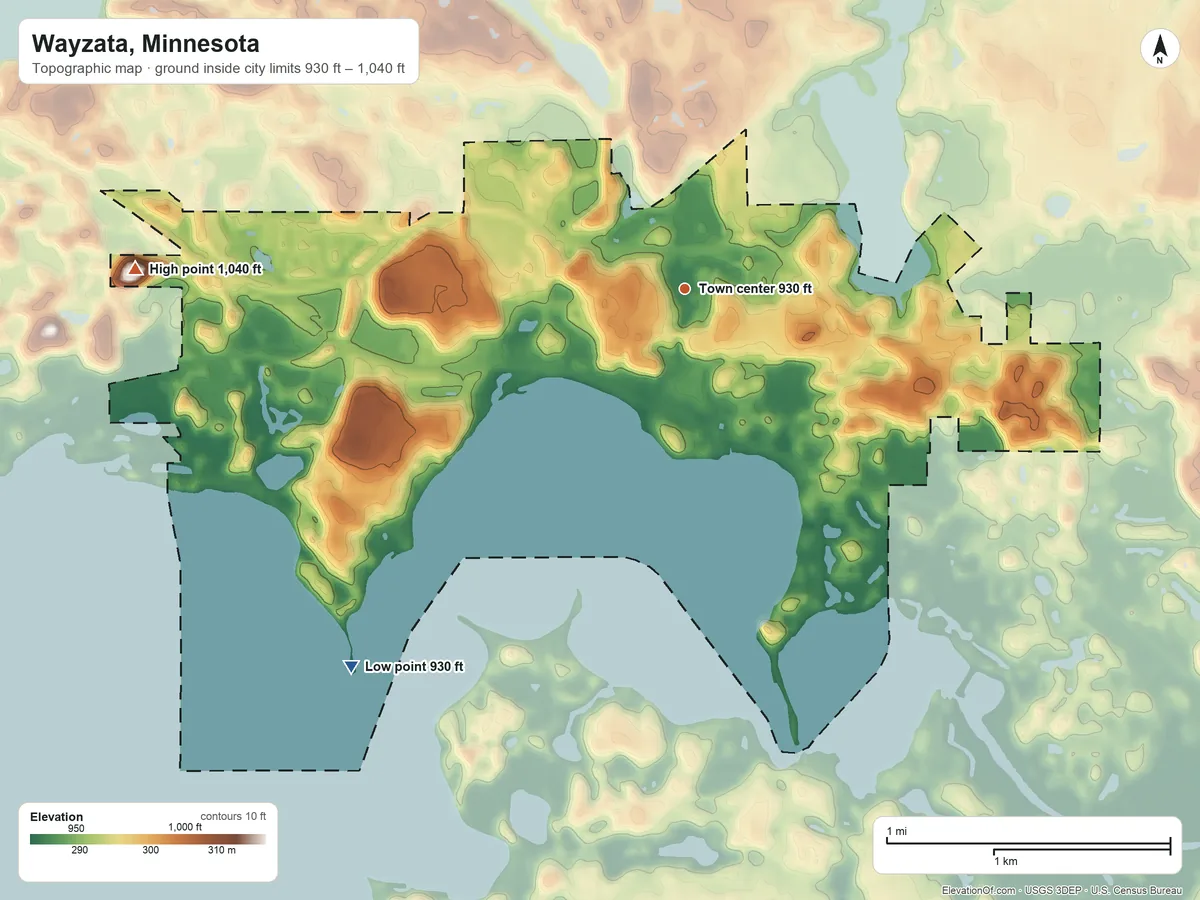 Topographic elevation map of Wayzata, Minnesota, shaded from 930 ft on the southwest side to 1,040 ft on the west side