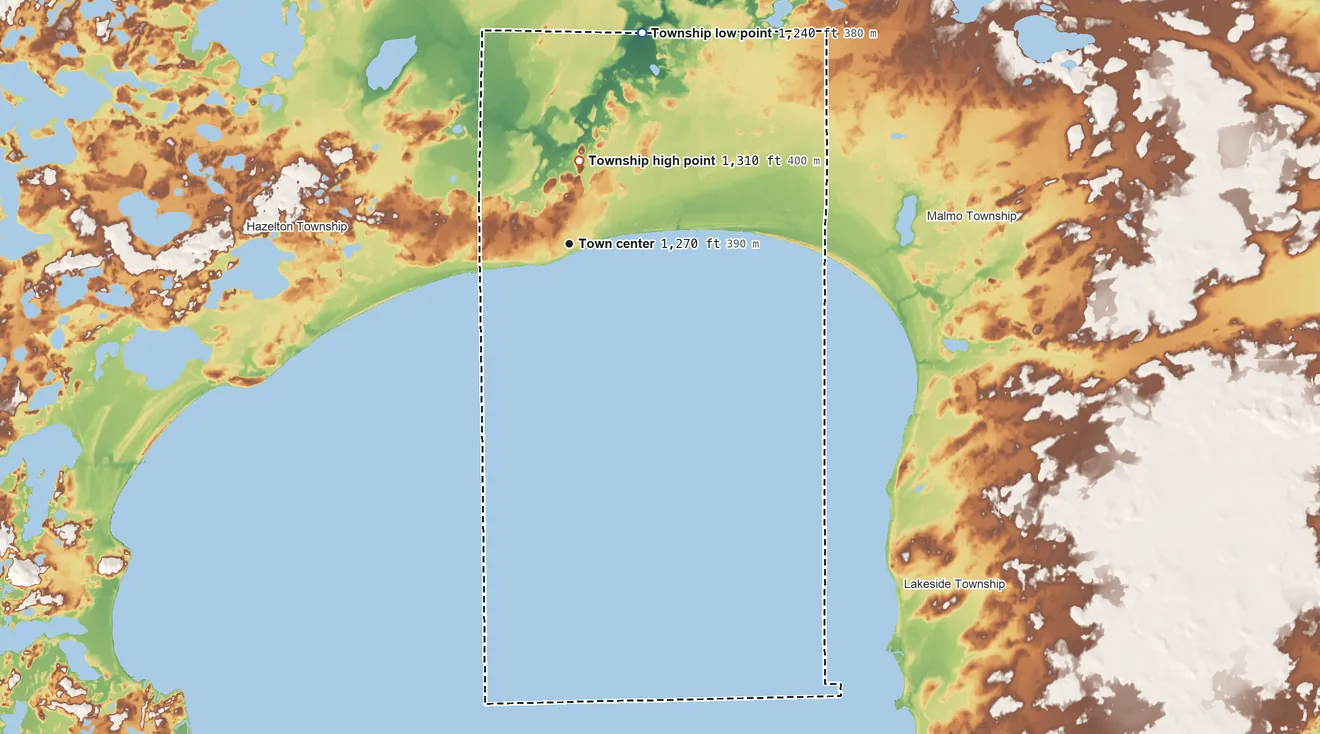 Topographic elevation map of Wealthwood Township, Minnesota, shaded from 1,240 ft on the north side to 1,310 ft on the north side