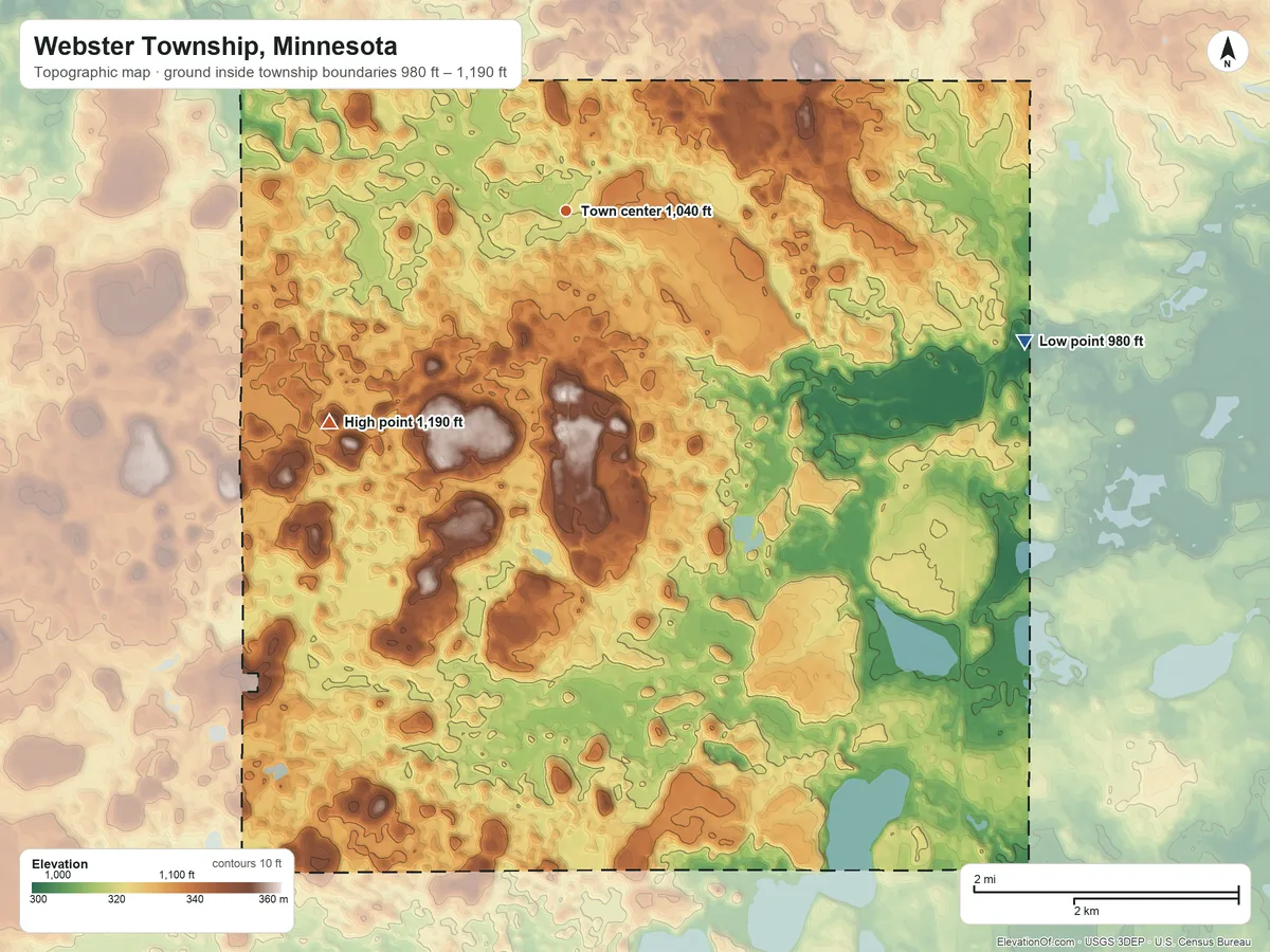Topographic elevation map of Webster Township, Minnesota, shaded from 980 ft on the east side to 1,190 ft on the southwest side