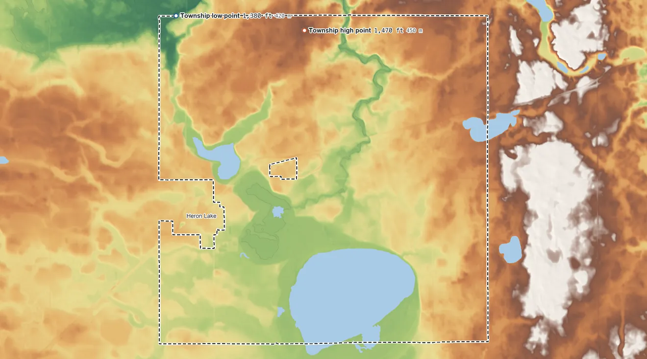 Topographic elevation map of Weimer Township, Minnesota, shaded from 1,380 ft on the northwest side to 1,470 ft on the north side