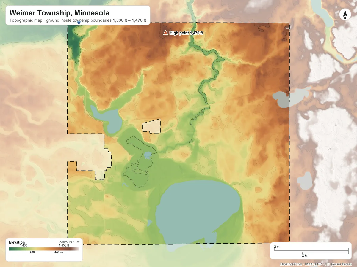 Topographic elevation map of Weimer Township, Minnesota, shaded from 1,380 ft on the northwest side to 1,470 ft on the north side