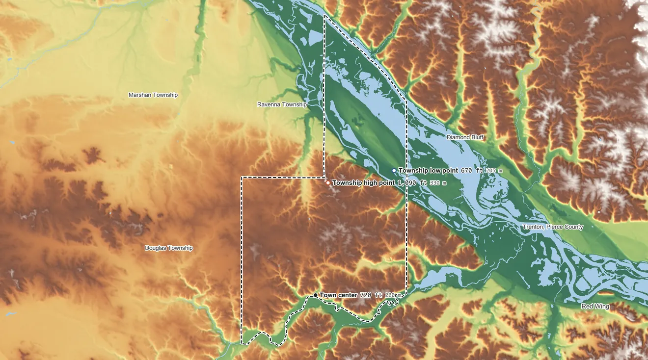 Topographic elevation map of Welch Township, Minnesota, shaded from 670 ft on the northeast side to 1,090 ft on the north side