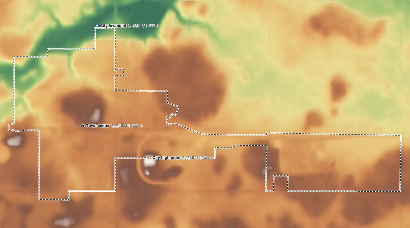 Topographic elevation map of Welcome, Minnesota, shaded from 1,180 ft on the north side to 1,260 ft on the southeast side