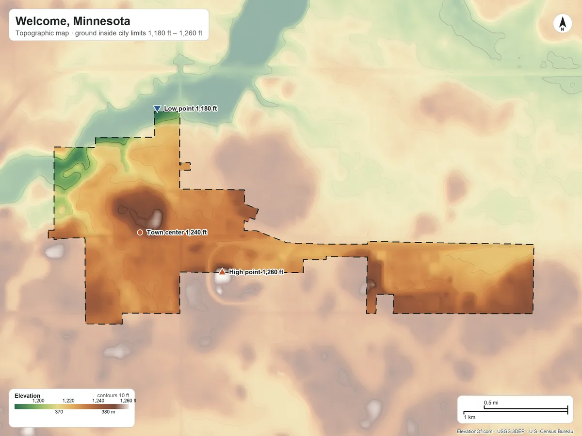 Topographic elevation map of Welcome, Minnesota, shaded from 1,180 ft on the north side to 1,260 ft on the southeast side