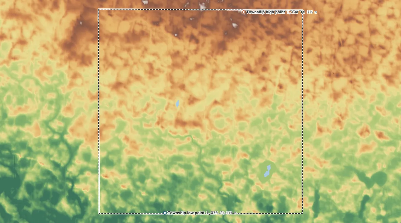 Topographic elevation map of Wellington Township, Minnesota, shaded from 1,030 ft on the south side to 1,100 ft on the northeast side