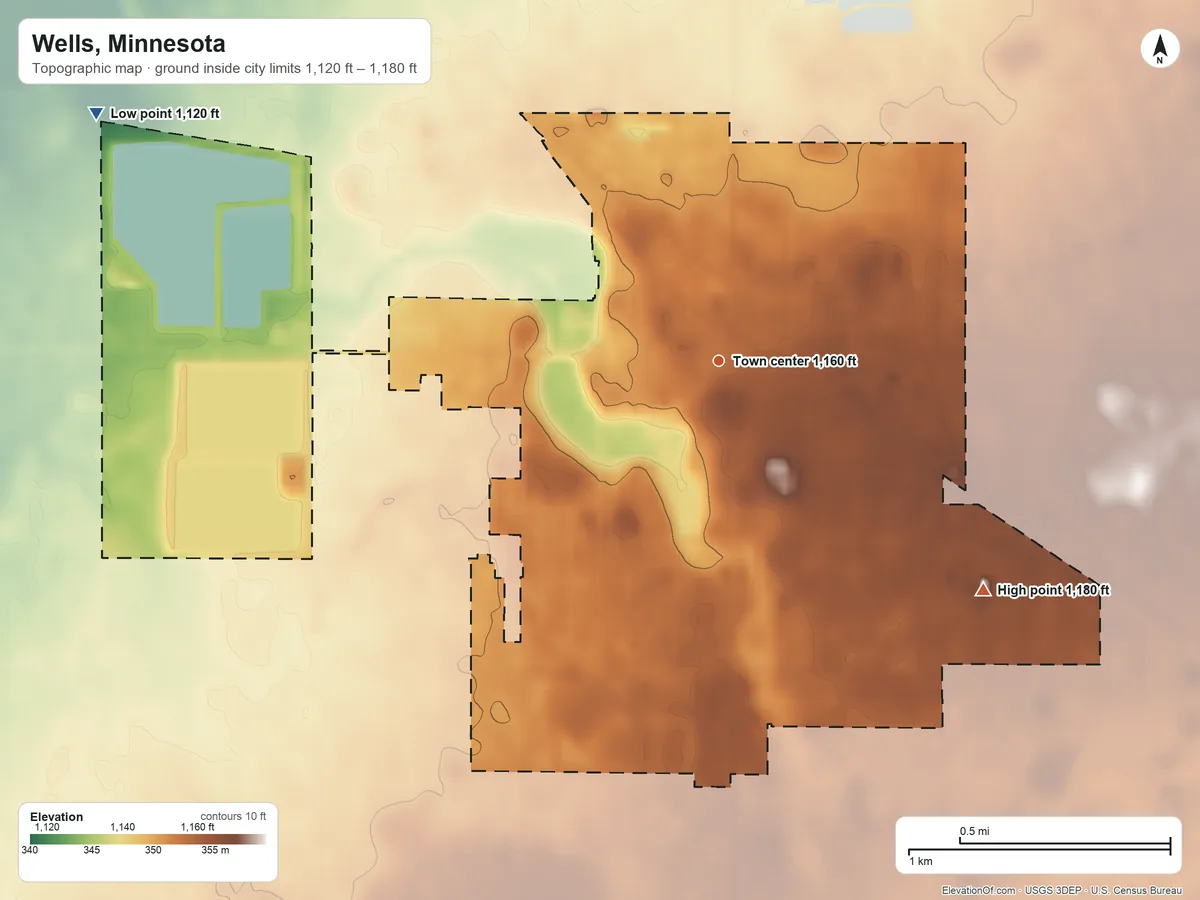 Topographic elevation map of Wells, Minnesota, shaded from 1,120 ft on the west side to 1,180 ft on the southeast side