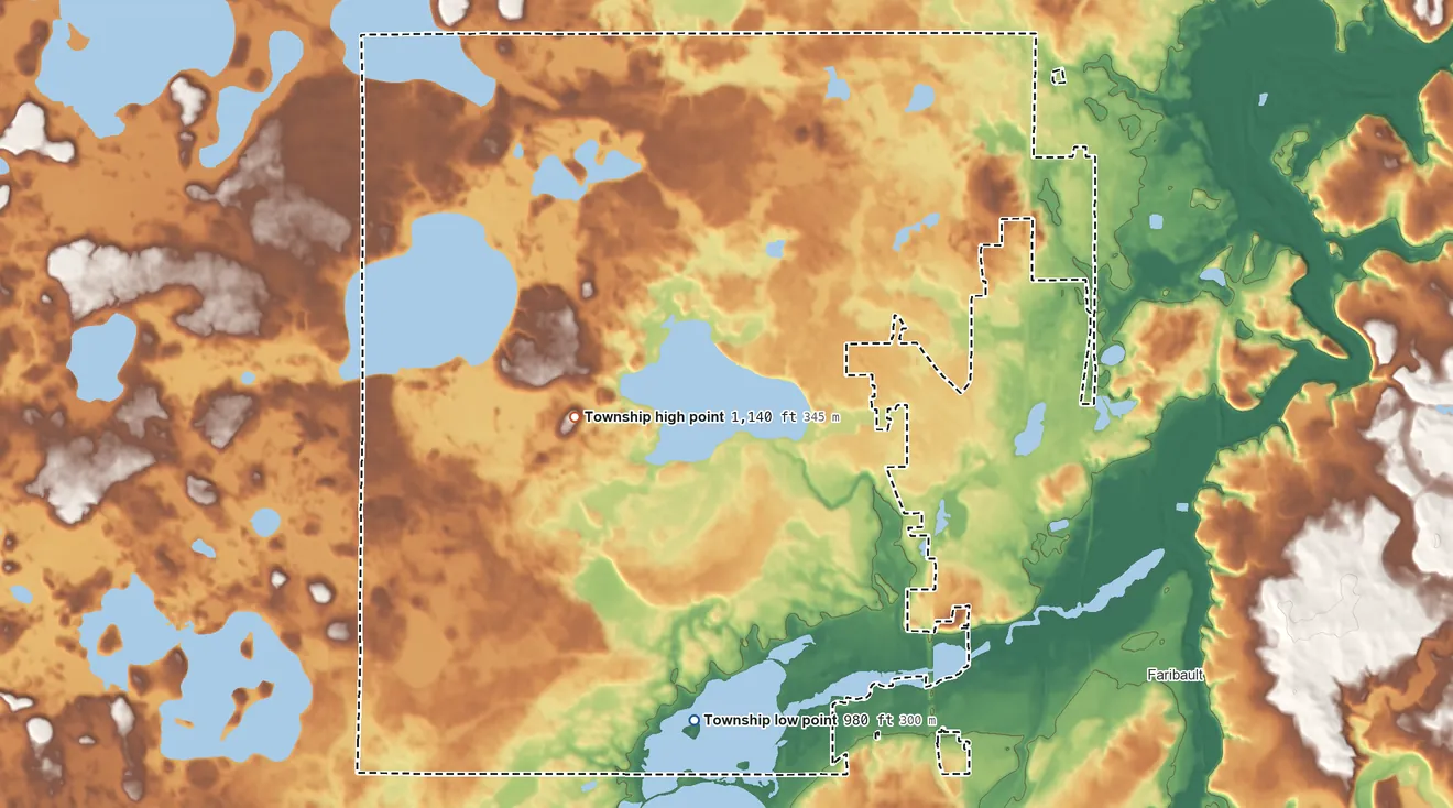 Topographic elevation map of Wells Township, Minnesota, shaded from 980 ft on the south side to 1,140 ft on the west side