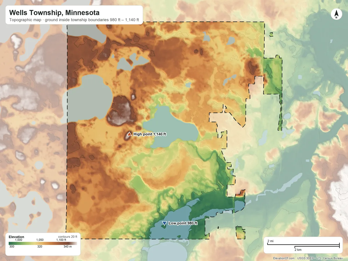 Topographic elevation map of Wells Township, Minnesota, shaded from 980 ft on the south side to 1,140 ft on the west side