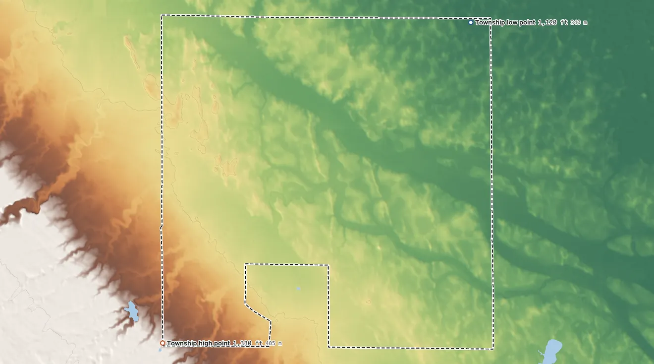 Topographic elevation map of Wergeland Township, Minnesota, shaded from 1,120 ft on the northeast side to 1,330 ft on the southwest side
