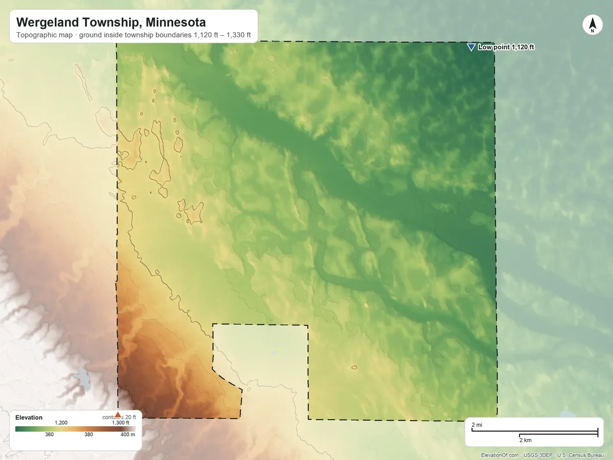 Topographic elevation map of Wergeland Township, Minnesota, shaded from 1,120 ft on the northeast side to 1,330 ft on the southwest side